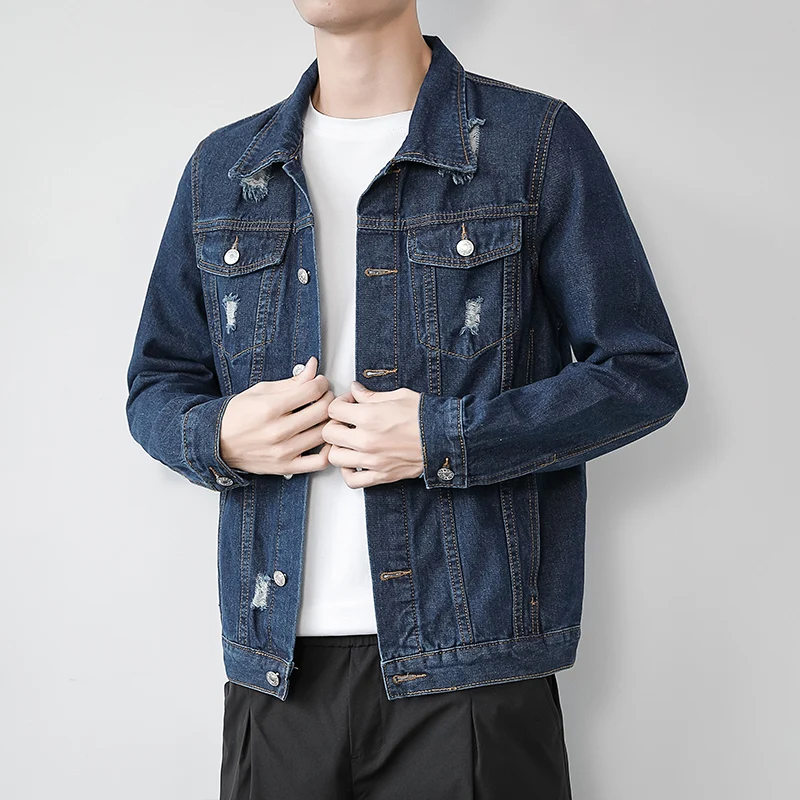 2023 Fashion Mens Denim Jackets Slim Fit Mens Jeans Jacket Cotton Outwear Coat Long Sleeve Hole Male Clothing Size M-3XL