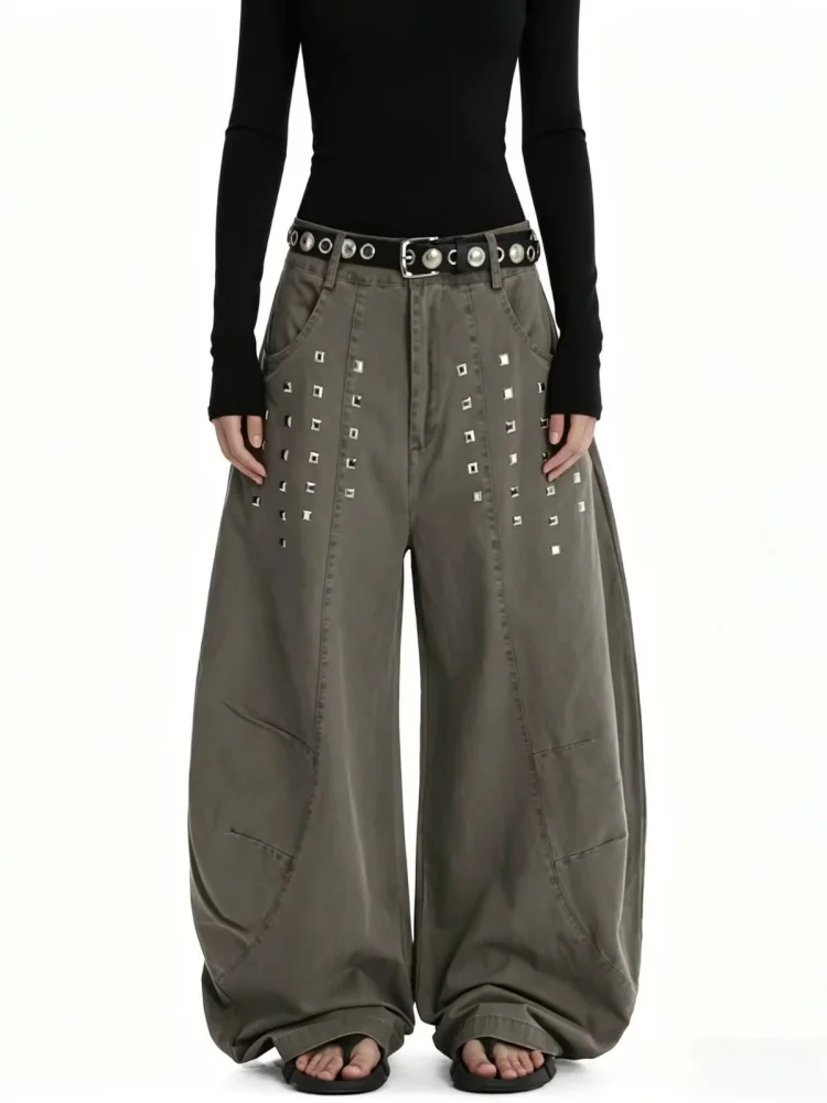 2026 American Retro Y2K Style Rivet Design Grey Baggy Women's Jeans Pants For Woman Clothing Wide Leg Streetwear Long Trousers