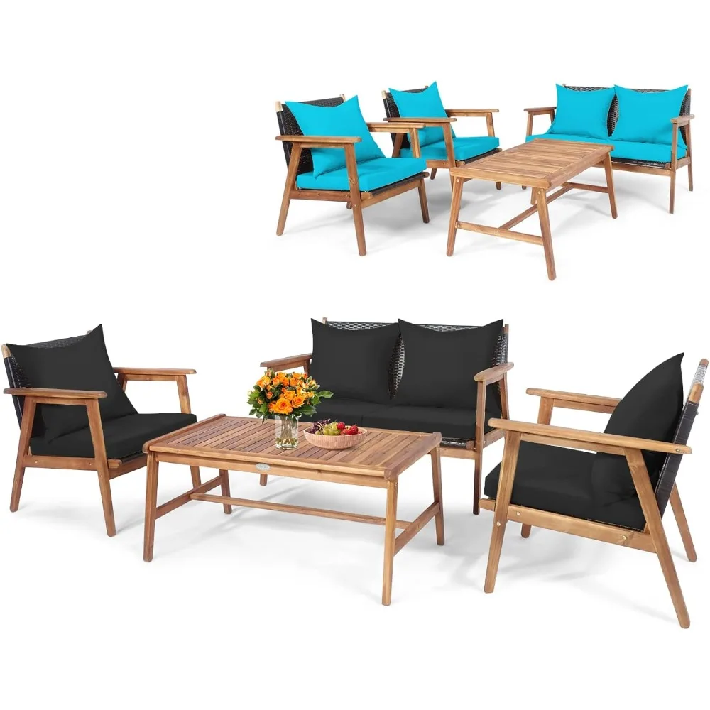 4-Piece Patio Furniture Set, Outdoor Acacia Wood Conversation Set with Cushions and Coffee Table, Turquoise Black Cushion Cover