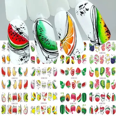 12 Design Tropical Fruit Water Transfer Nail Sticker Watercolor Cartoon Lemon Watermelon Strawberry Decals for Nail Art Decor