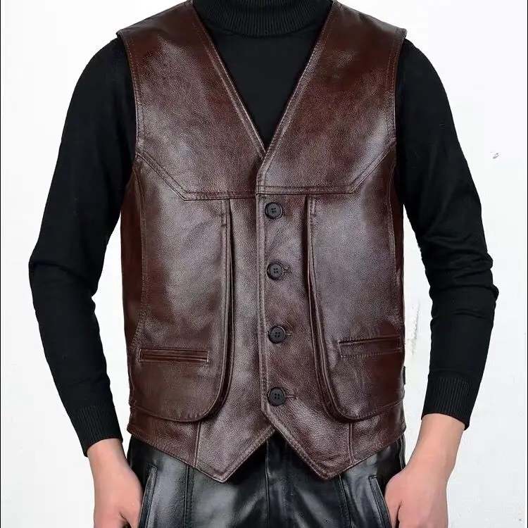 

2024 Men's Leather Vest First Layer Cowhide Stylish Men Vests Autumn Sleeveless Casual Gilet Outdoors Waistcoat Clothes E199