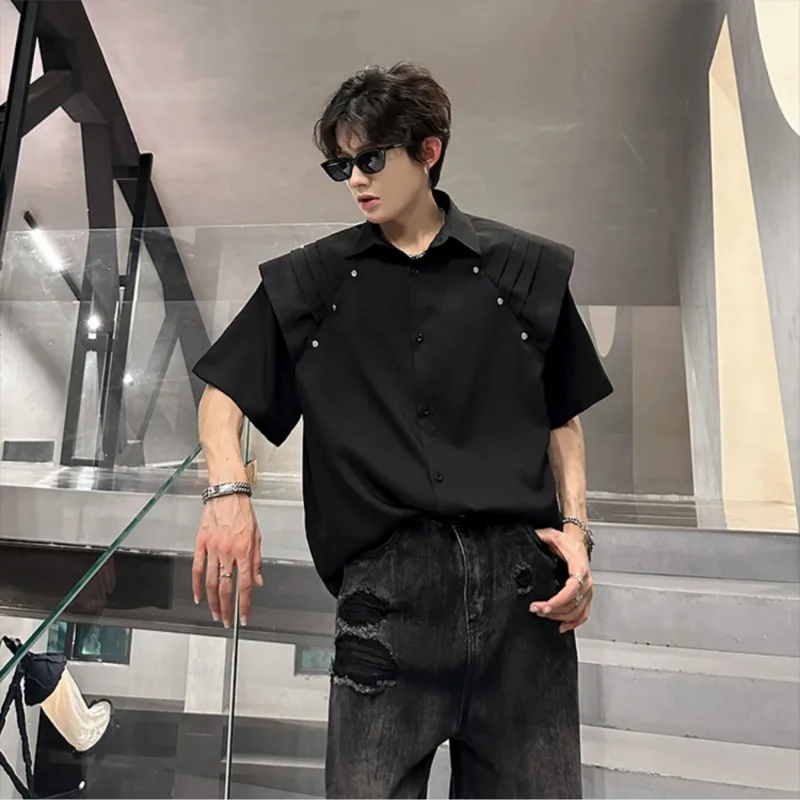 Men's Summer Short Sleeve Shirt with Padded Shoulders Designer Style Loose Casual Shirt