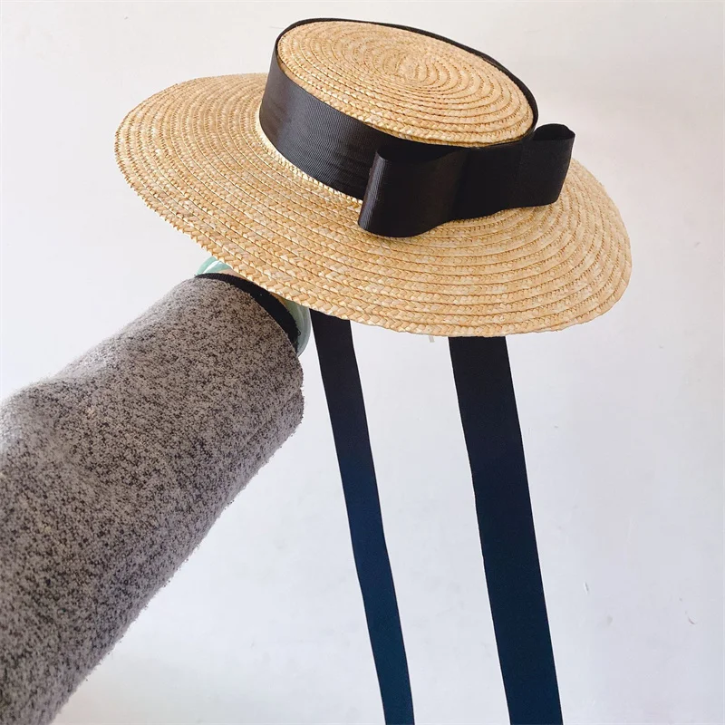 Chapeaux de soleil de princesse vintage pour enfants, chapeau de paille d\'été, casquette pour enfants, ruban à dessus plat, protection solaire de