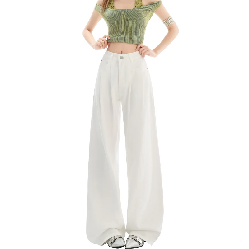 

Women High Waist Straight Jeans Summer White Wrinkled Loose Wide Leg Pants Fashion Casual Trousers Plus Length