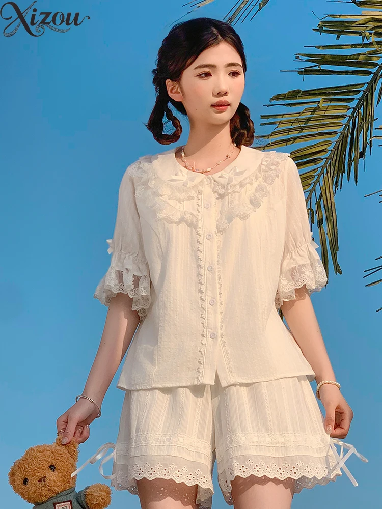 

White Shirt Kawaii Lolita Blouse Peter Pan Collar Ruffled Sleeves Lace Trim Summer Y2k Sweet Women 2025 Princess Solid Color