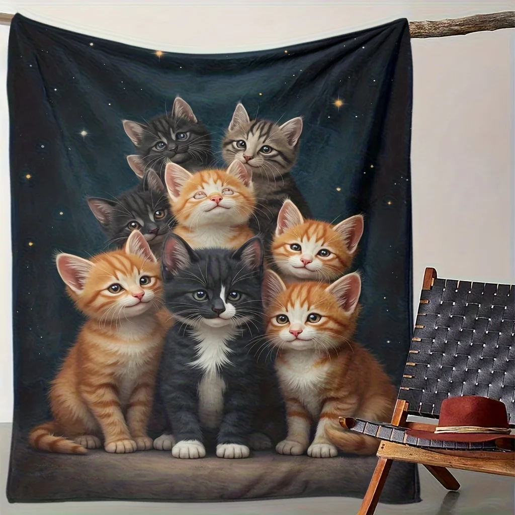 Kittens under Starry Sky Fleece Blanket Cute Cats Print Throw Soft Cozy All Season Bedding Home Decor Gift for Cat Lovers