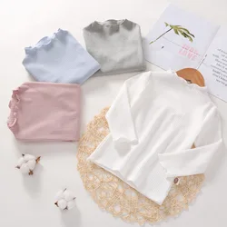 T-shirt à manches longues en coton pour fille, vêtement fin et décontracté, à volants, couleur unie, automne