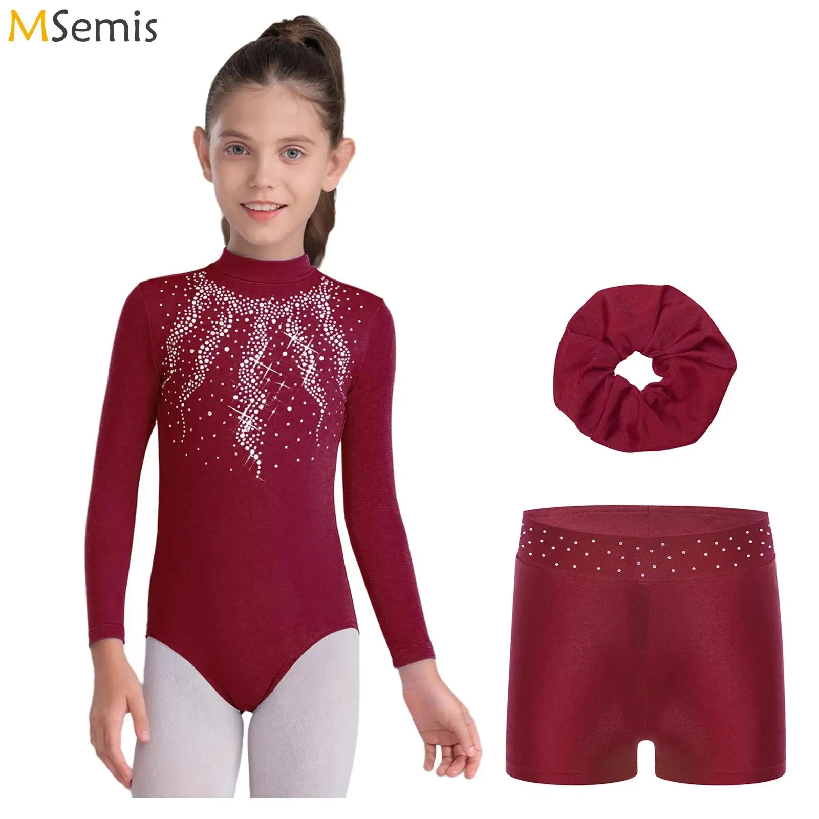 

Детский костюм для девочек: гимнастический купальник для фигурного катания и балета с блестящими стразами, шортами и повязкой для волос