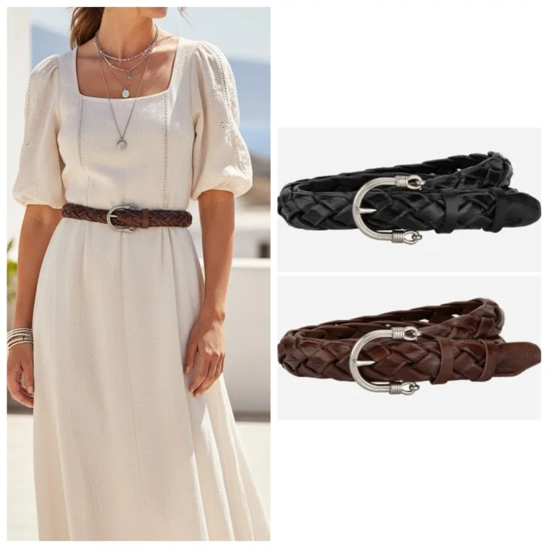 ヴィンテージ編組本革ベルト女性男性穴なしバックル薄いウエストバンドアクセサリー