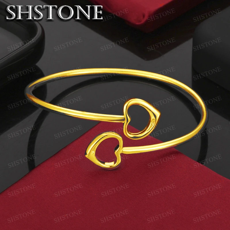 18K Gold Two Heart Adjustable Bangle For Women Man Birthday Engagement Wedding Party Fashion Charm Jewelry Gift