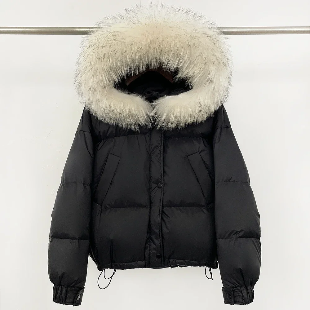OFTBUY Piumino d'anatra bianco Cappotto da donna in vera pelliccia Cappotto invernale imbottito con cappuccio Nuova pelliccia di procione Autunno Parka femminile Pelliccia di volpe calda