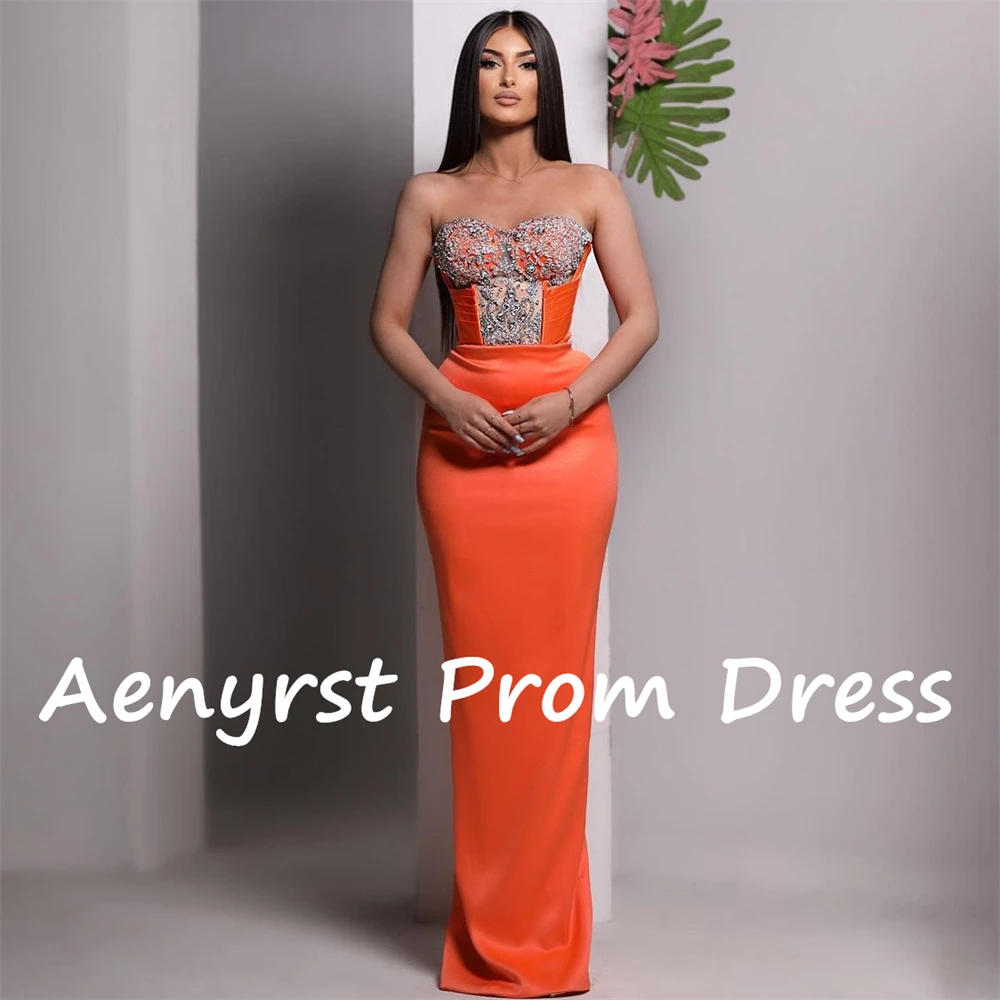 Aenyrst-vestido de fiesta de sirena naranja sin tirantes, vestido de cóctel ajustado de cristal satinado, largo hasta el suelo, Sexy