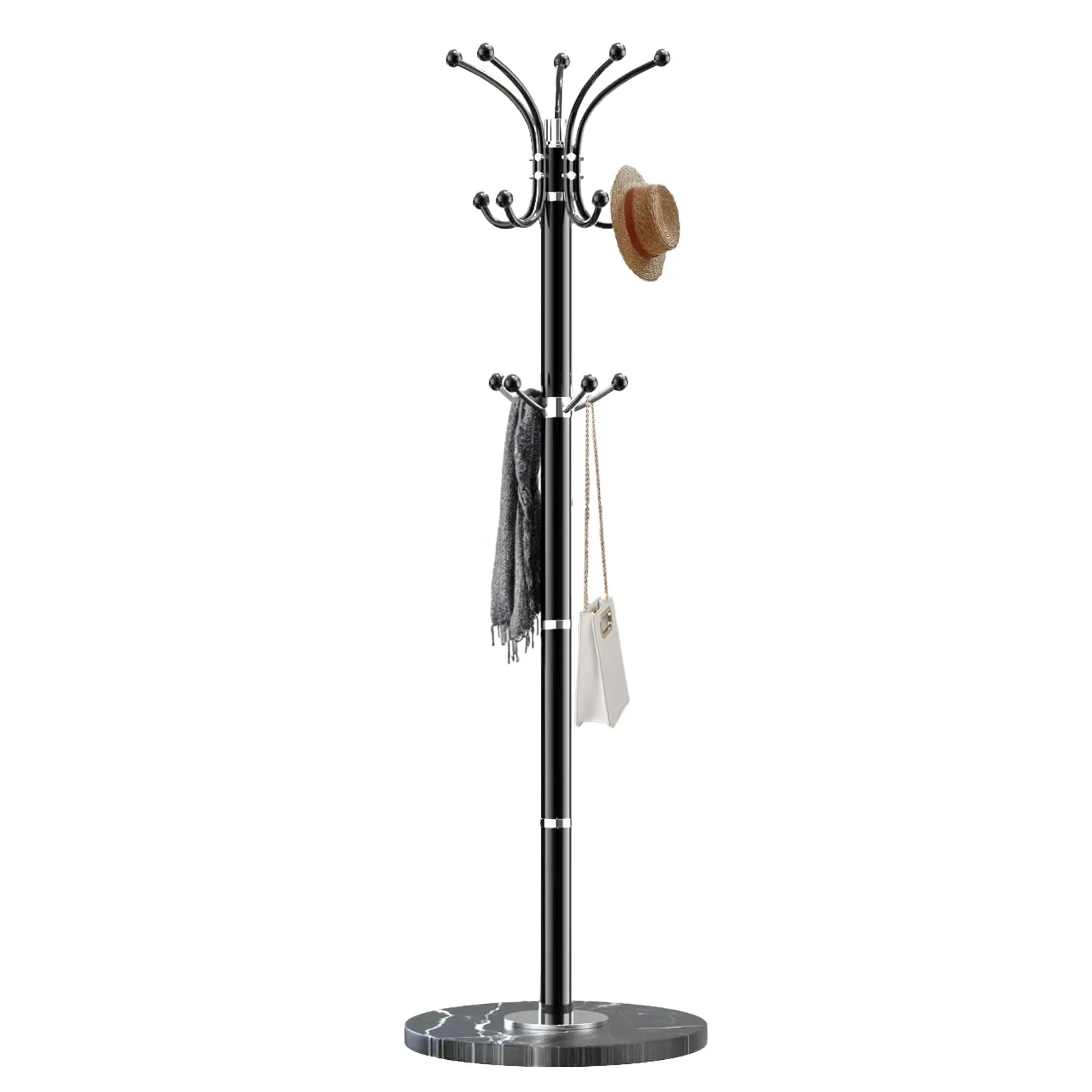 

Modern Freestanding Metal Coat Rack With Marble Base, 360° Rotating, 14 Hooks, Heavy Duty Hall Tree For Entryway Or Office