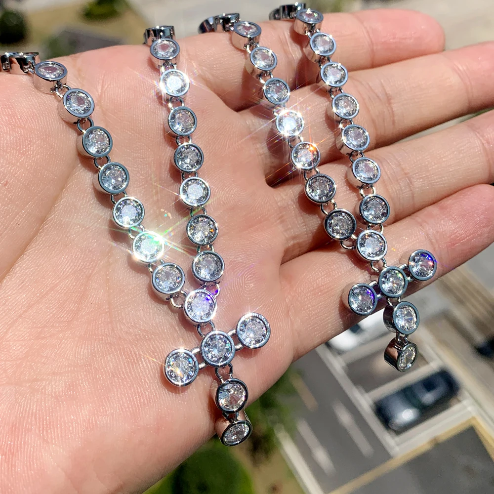

Round Cross Pendant Necklace Full Paved Iced Out 5A Cubic Zirconia Link Chain Hip Hop Men Women Charm Jewelry