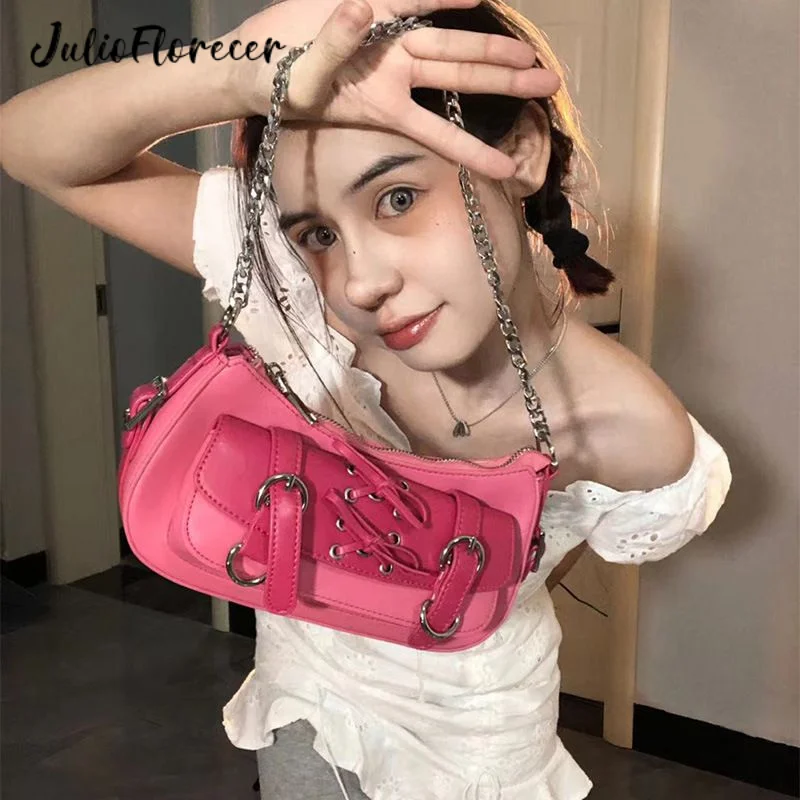 JulioFlorecer Gothic Shoulder Bag Women Autumn Trendyol Y2k Moto Biker Messenger Bag Pink Babes Street Vintage Purse Bolso Mujer