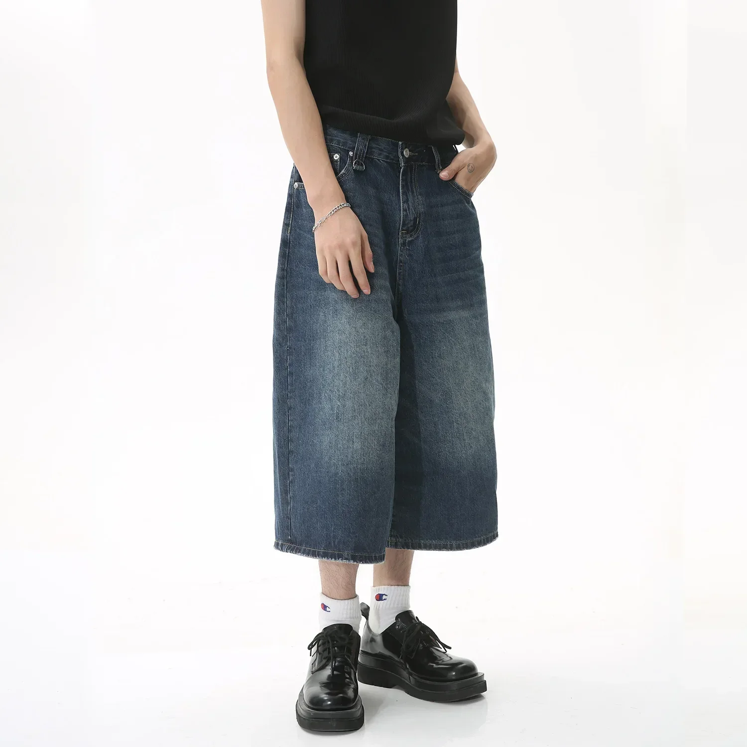 Letnie szerokie jeansowe szorty męskie, elastyczne jeansowe szorty męskie, designerskie szorty streetwearowe męskie, codzienne spodnie do połowy łydki.