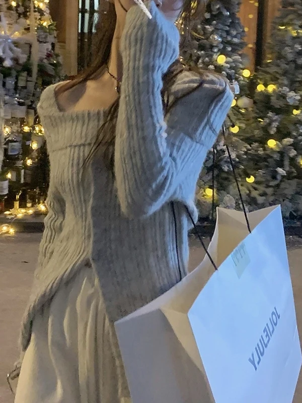 Coupe ample paresseux Sle une épaule doux tricoté blanc pull femmes hiver nouveauté haut de gamme longue Sve haut tricoté haut