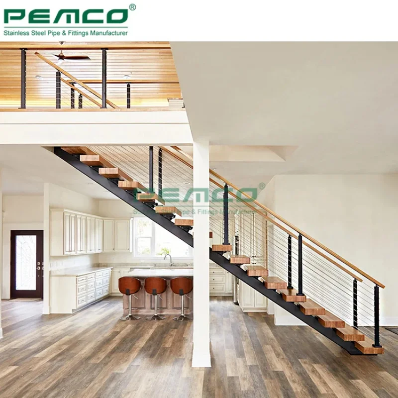 custom.Foshan Modern  Wood Tread Staircase Floating Straight Stairs Customized Single Stringer Railing Floating Staircase