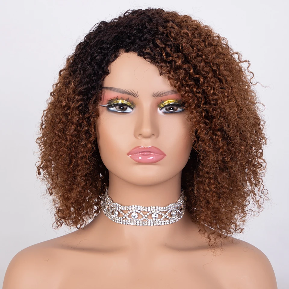 Sleek Afro Kinky Curly Human Hair Wigs Ombre Highlight Human Hair Wig With Bangs Colored Brazilian 4a Curly Bob Wig For Women