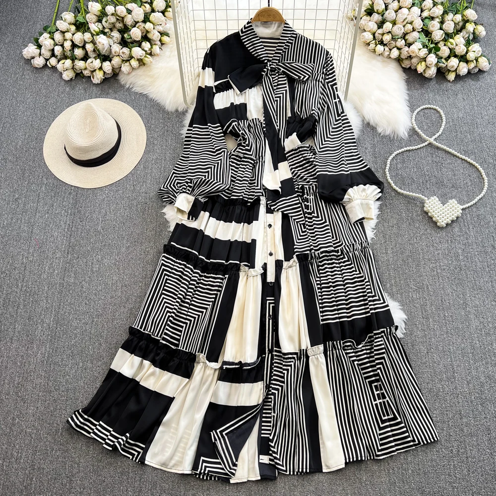 Chic Maxi ชุดผู้หญิงแฟชั่นพิมพ์ LACE-up Bow COLLAR โคมไฟหญิงสบายๆ A-Line ชุดราตรี Robe