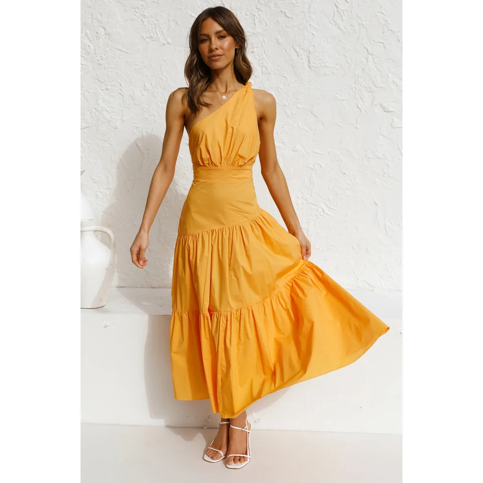 

2025 Spring/Summer New Single Shoulder Knot Solid Color Fresh And Sweet Long Dress 22004