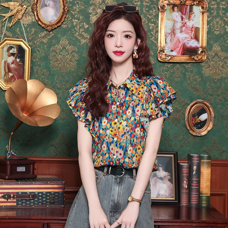 

2025 summer Hong Kong style floral print youthful top shirt with a design sense versatile and stylish blouse