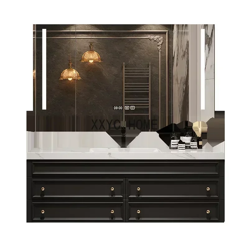 

Американский ретро дубовый шкаф для ванной комнаты из цельного дерева, каменный керамический умывальник, роскошный туалетный столик для ванной комнаты, шкаф, мебель для ванной комнаты