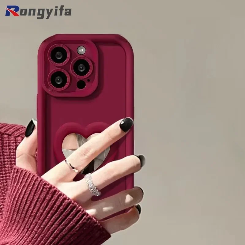 For Redmi A3 13 13C 11A 12C 12 Turbo 3 9T 9 Note 12 11 Pro+ 11S 10 Poco C6 Phone Case Love Heart Mirror Bracket Shockproof Cover