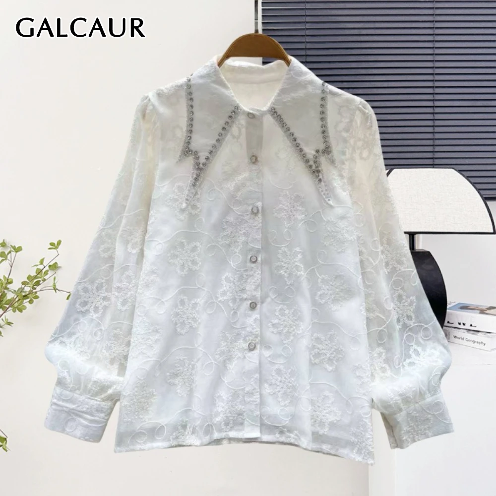 

GALCAUR Solid Spliced Diamond Shirt Female Lapel Flare Sleeve Patchwork Embroidery Basics Women's Shirts Fashion Summer Style
