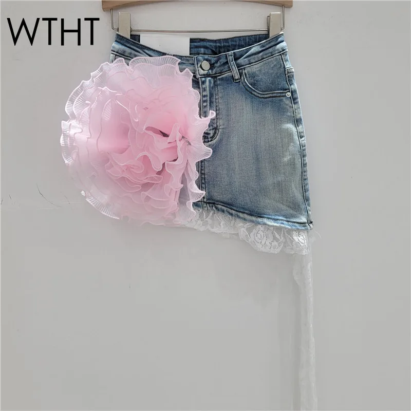 

WTHT новые модные женские джинсовые юбки со сращенными кружевными лентами и 3D цветами, лето 2021, модная женская юбка с высокой талией и запахом на бедрах 1LS1394