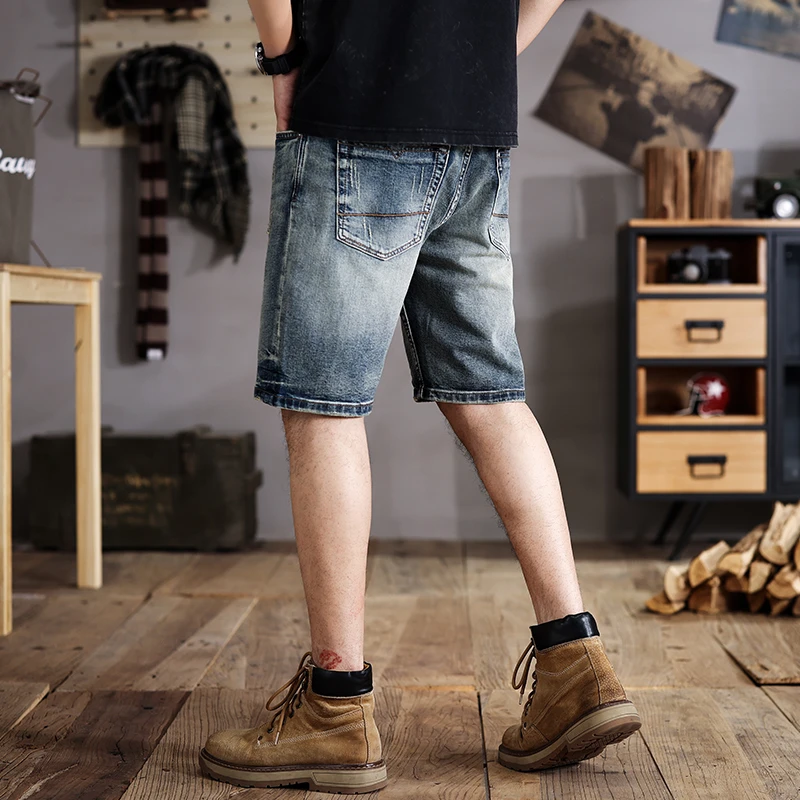 JXN1051 อเมริกัน retro ล้างเก่า Slim กางเกงยีนส์กางเกงขาสั้นผู้ชายฤดูร้อนใหม่กางเกงตรง ins น้ําห้าจุด