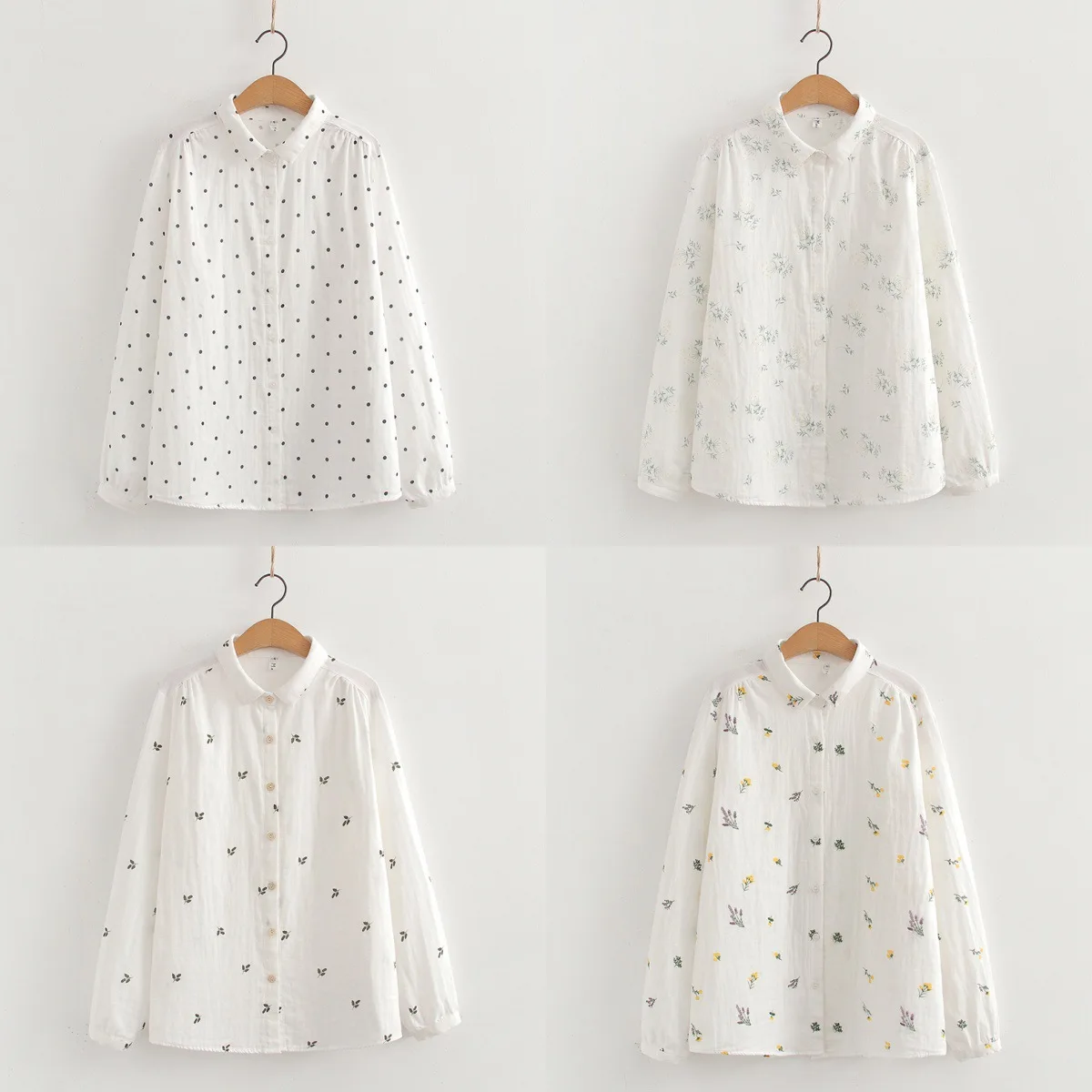 ‌ Damska koszula z długim rękawem na wiosnę i jesień 2025, z kwiatowym wzorem i nadrukiem w kropki, świeża, bawełniana, luźna, biała koszula i top, wielofunkcyjna.