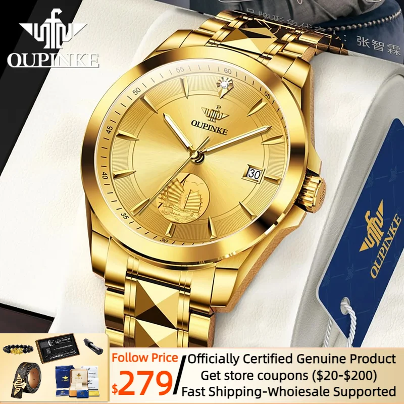 

OUPINKE Original Luxury Automatic Watch for Men Luminous Waterproof Sapphire Gold Wristwatches Diving Watch Mechanical Watch