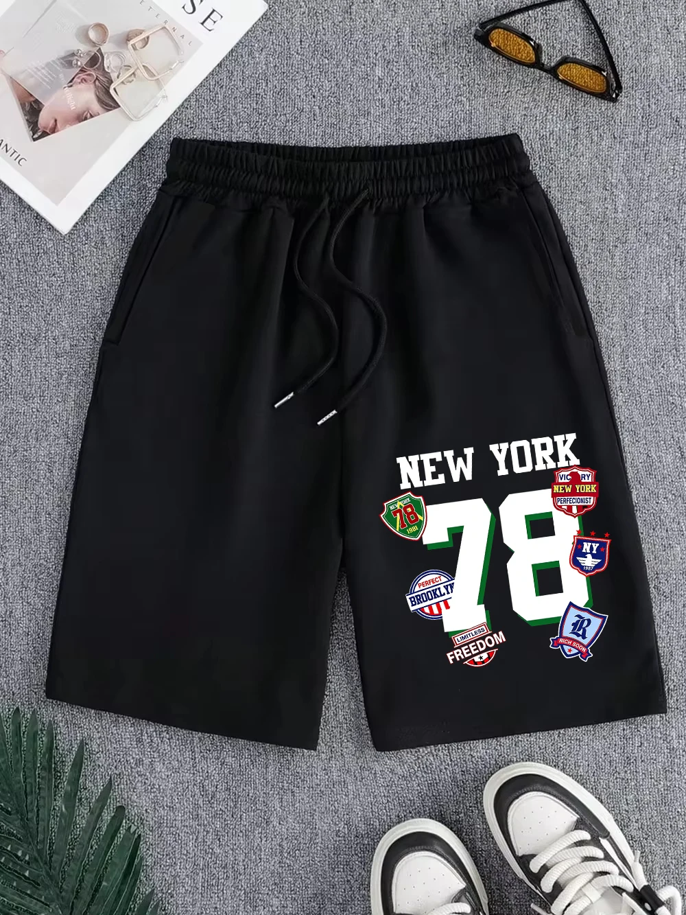 

Мужские спортивные шорты New York Numbers 78 с принтом, широкие, до колена, с карманами, базовые, с высокой талией, летние, оверсайз