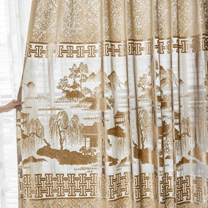 Chinese Style Curtain Embossed High-end Hollow Tea Room Floor-to-ceiling Curtains for Living Dining Room Bedroom Customization