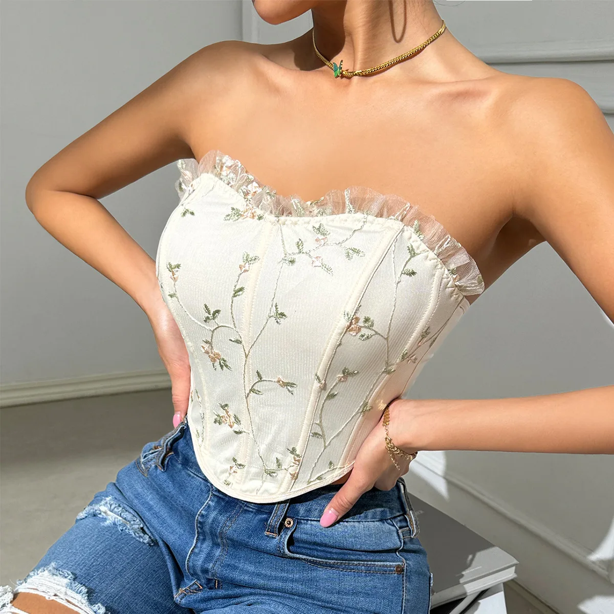 French Embroidery Boned Slim Tube Tops Women Chic Sexy Backless Tank Top Summer Apricot Sleeveless Corset Vest Lingerie Camisole