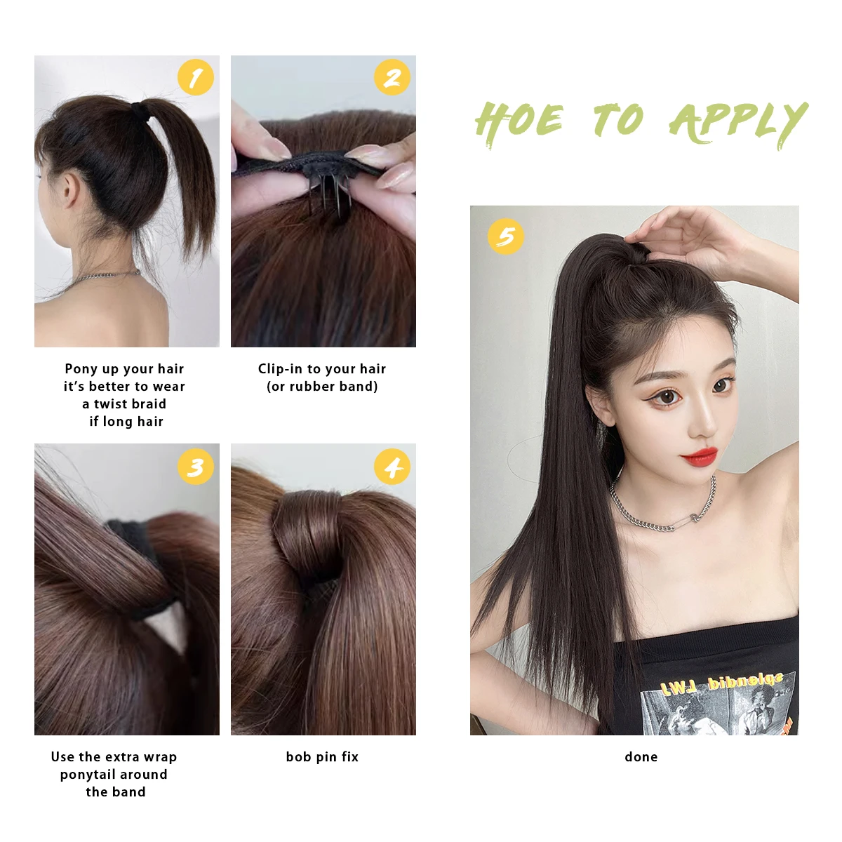 프리미엄 합성 스트레이트 데일리 포니테일 헤어 익스텐션 클립 인 헤어피스, 부드러운 오버 헤드 포니 테일 랩 어라운드 피그테일 P001