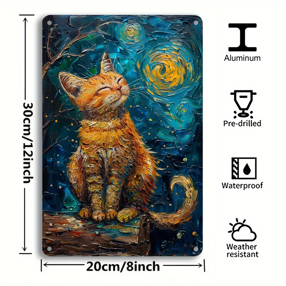 猫の油絵にインスパイアされた星月夜、ブリキの壁のポスター、8x12インチ、ビンテージスタイル、家庭、バー、ガレージ、ユニーク、1個