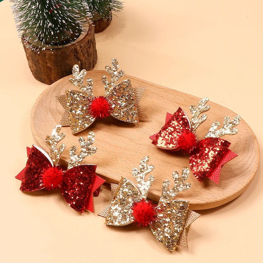 Xmas Antler Hair Clip Sparking Bownot Shaped Hairclip Reindeer Hairpins Barrettes Perfect for Christmas Party Hair Styling