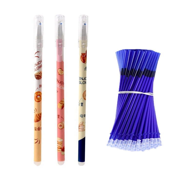 

3+20Pcs/Set Kawaii Bread Erasable Washable Handle Erasable Pen Refill 0.38mm Blue Ink Gel Pens for School Office Supplies