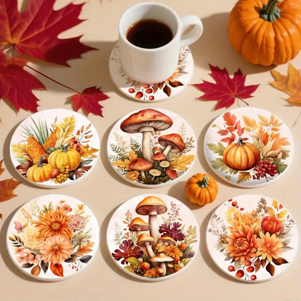 2D Fall Pumpkin Leaf Pattern 10CM Wooden Coaster Country Style for Coffee Shop Office Home Decor Party Seasonal Festive Decor