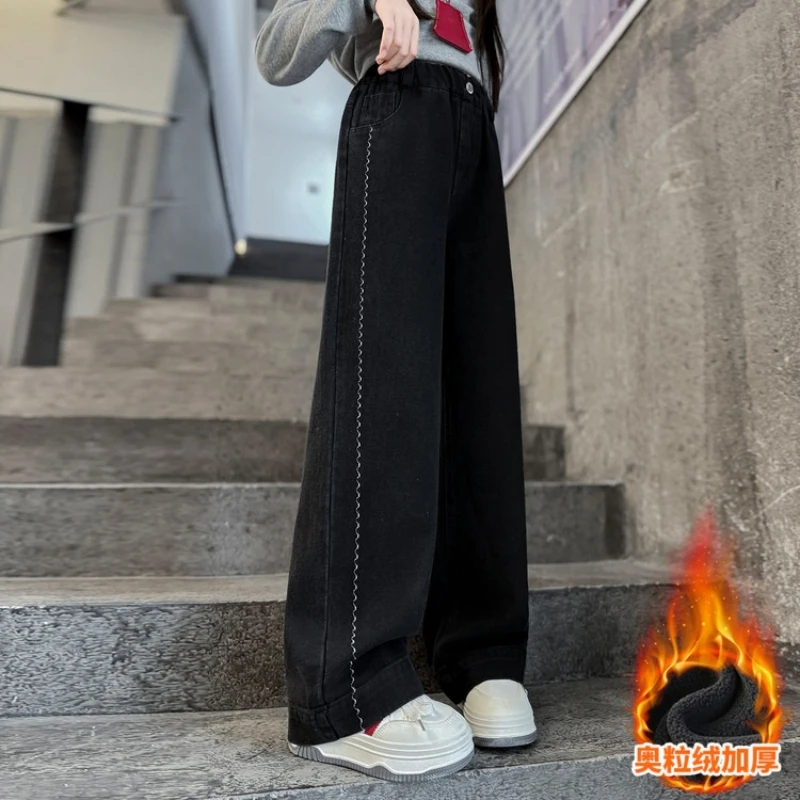 سراويل جينز مبطنة بالصوف للفتيات مع خياطة جانبية وخياطة زخرفية واسعة الساق من قماش الدنيم للأطفال الكبار 2025 سراويل طويلة شتوية جديدة #6