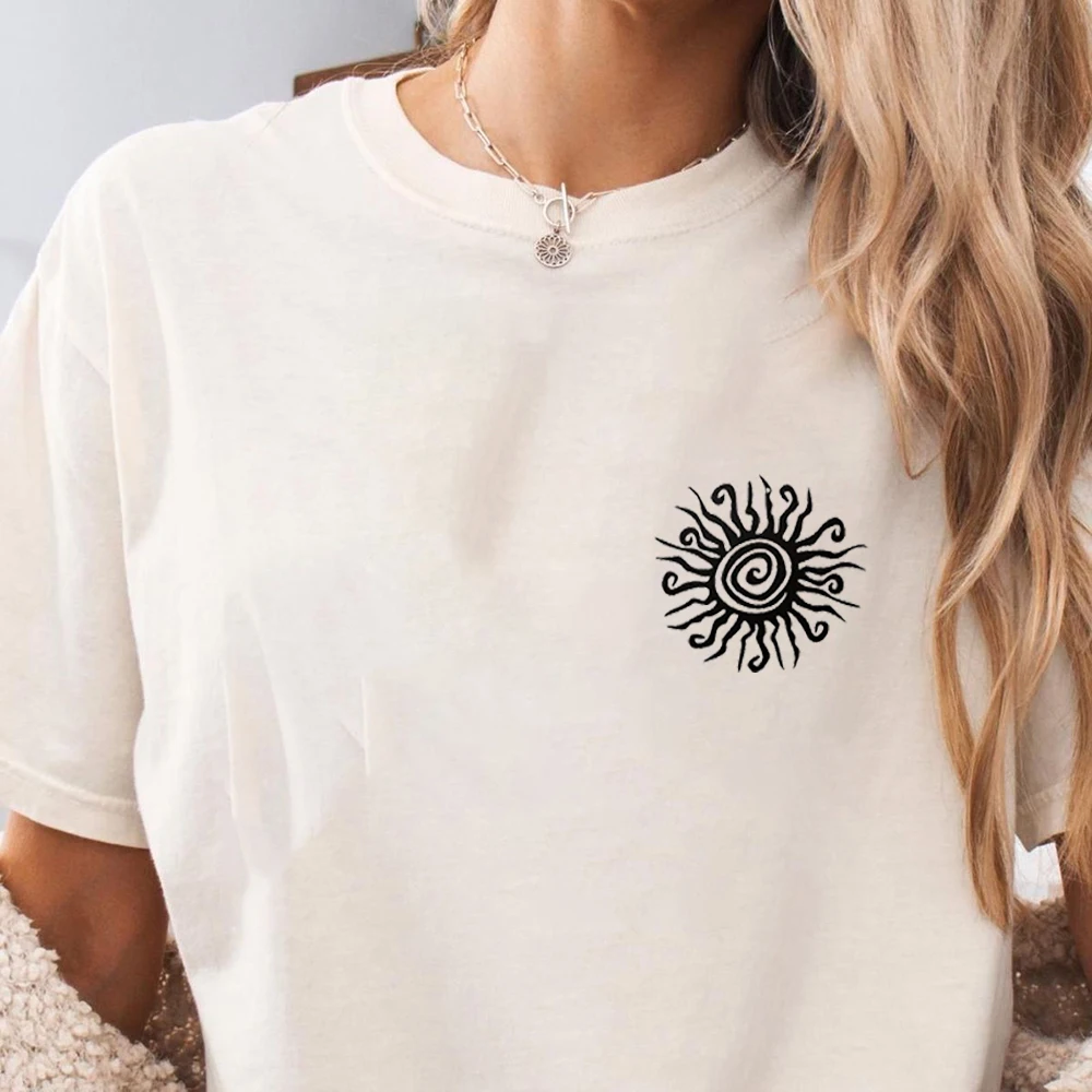 

Spiral Sun Graphic Tee Cotton Retro Trendy Punk Oversized Women T-Shirt Round Neck Short Sleeves Chest Badge Top