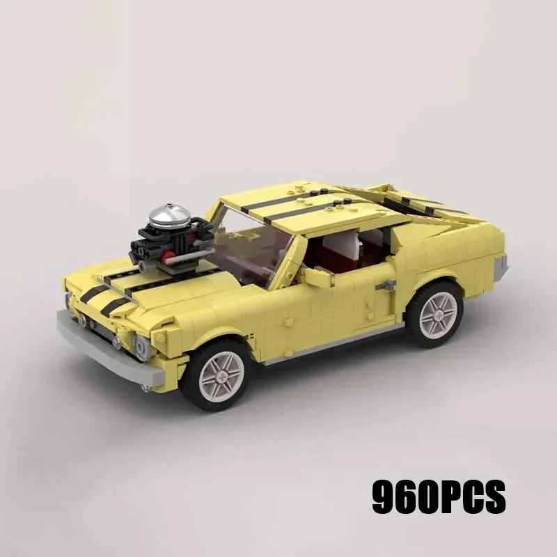 Moc Building Blocks Vintage Classic Racing Yellow Mustang Car Model Technical Bricks DIY Assembly Vehicle Toys For Kids Child