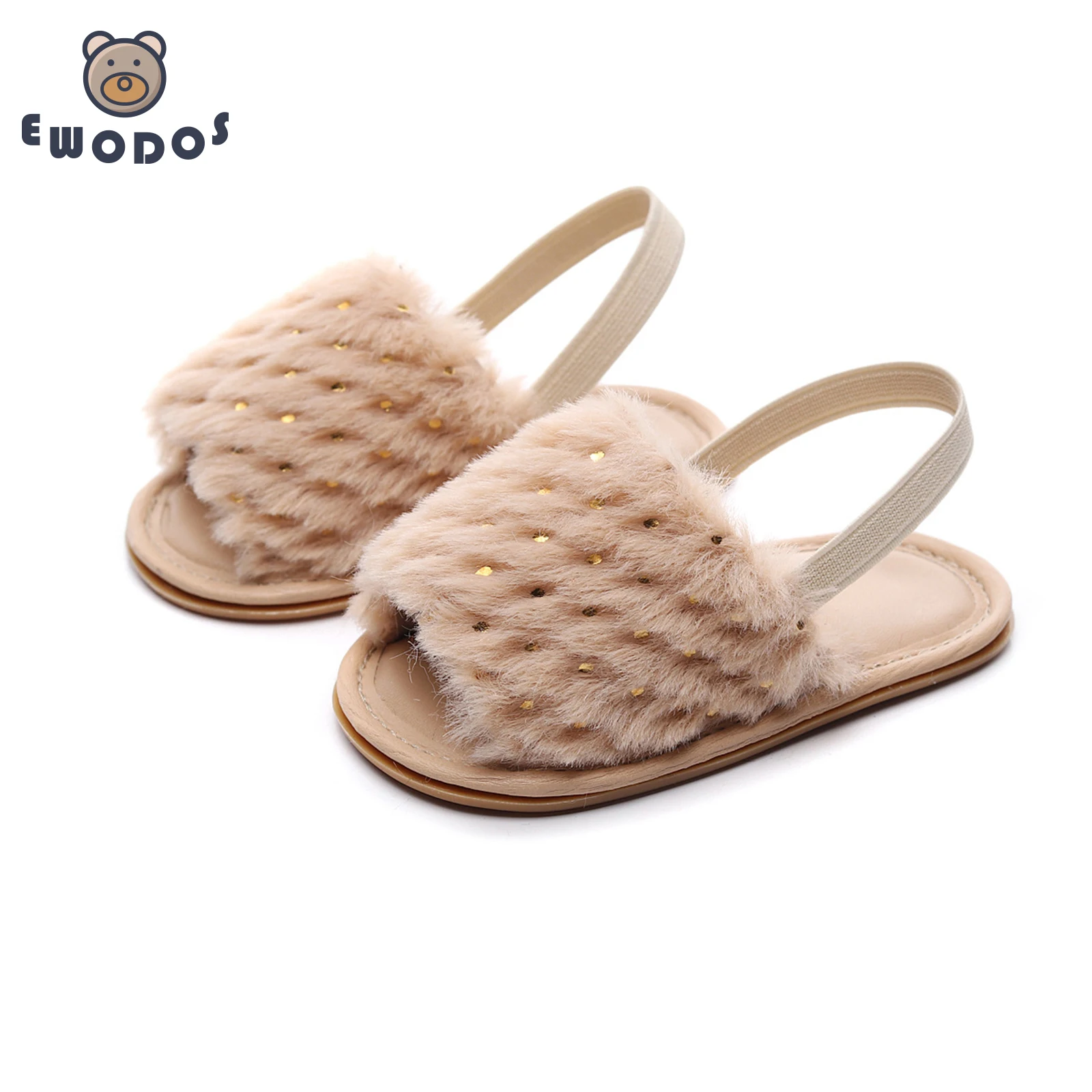 EWODOS Toddler Baby Girls Plush Sandals Summer Gold Dot Open Toe Princess Flats Sandals Walking Shoes for Toddler Newborn Infant