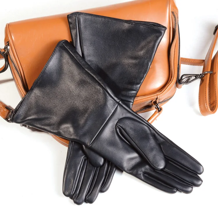 35cm Women's Black Sheepskin Real Leather Retro Medieval Renaissance Long Cuff Gauntlet Gloves