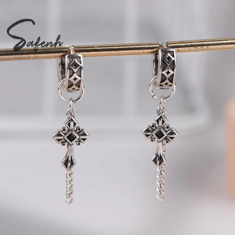 New Fashion Hip Hop Punk Chain Tassels Cross Ear Stud Piercing Jewelry For Women Men Daily Party Accessories