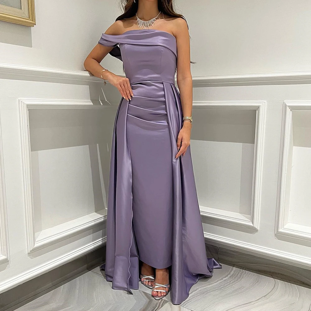 

Customized Temperament Satin Purple One Shoulder Evening Dress Modern Strapless Straight Short Sleeves Bespoke Occasion Gowns