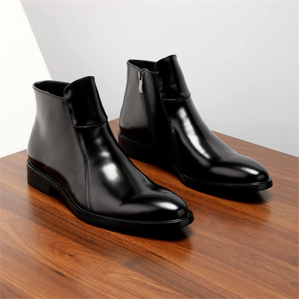 Genuine Leather Mens Boots Zipper Short Ankle Boots British Pointed Toe Glossy Boots High Top Shoes