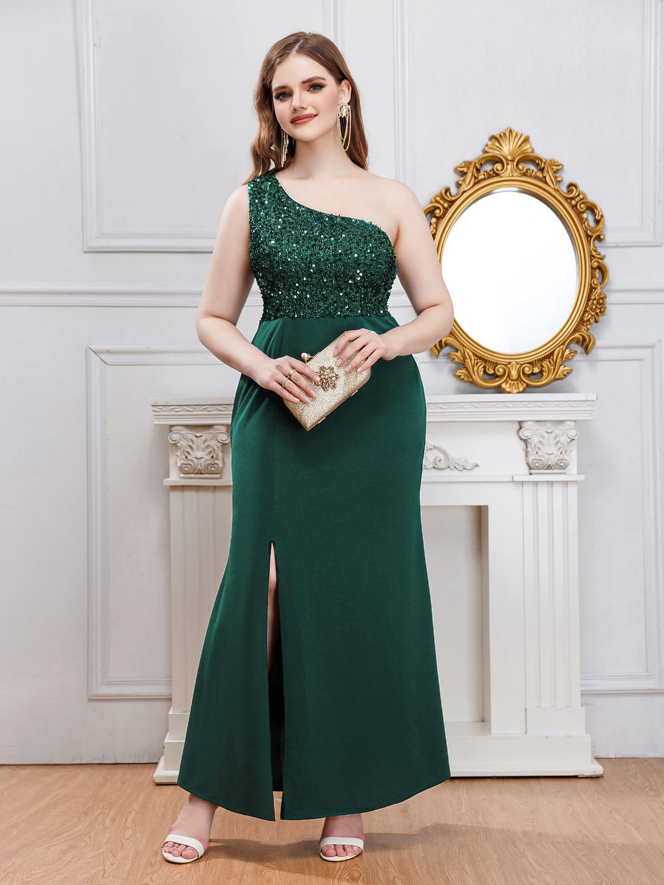 Plus Size Party Dresses Women Elegant One Shoulder Sequins Split Evening Gowns 2024 Fashion Splicing High Waist Long Dresses